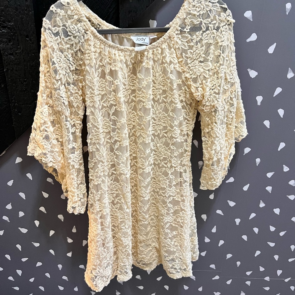 Vintage 1970s Jody of California Cream Lace Bell Sleeve Dress Medium